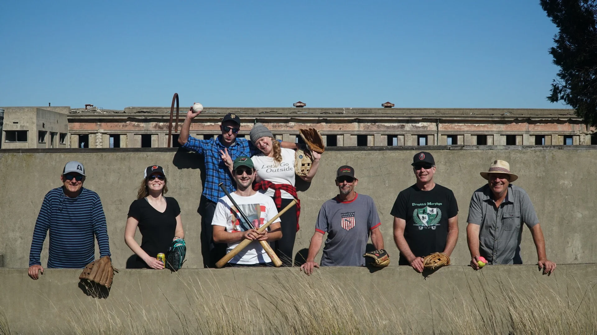 Angel Island picnic, people playing baseball
